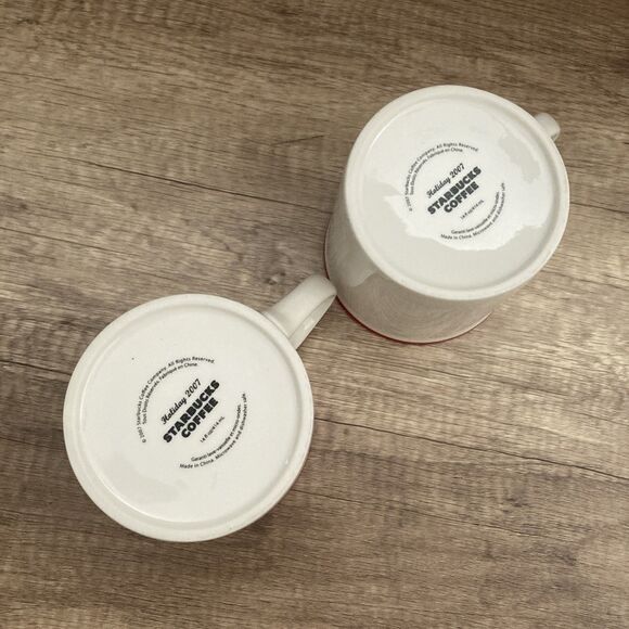 Set of 2 Starbucks Holiday 2007 Joy Mugs Christmas Peppermint Candy Striped 14oz - Picture 9 of 11